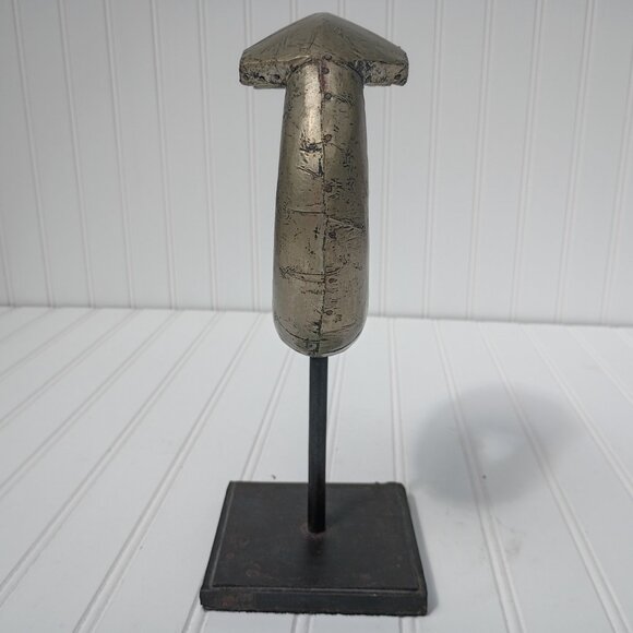 Metal Ring Sculpture on Cast Iron Stand Gilt Distressed Aluminum Wrapped Statue - Picture 4 of 10